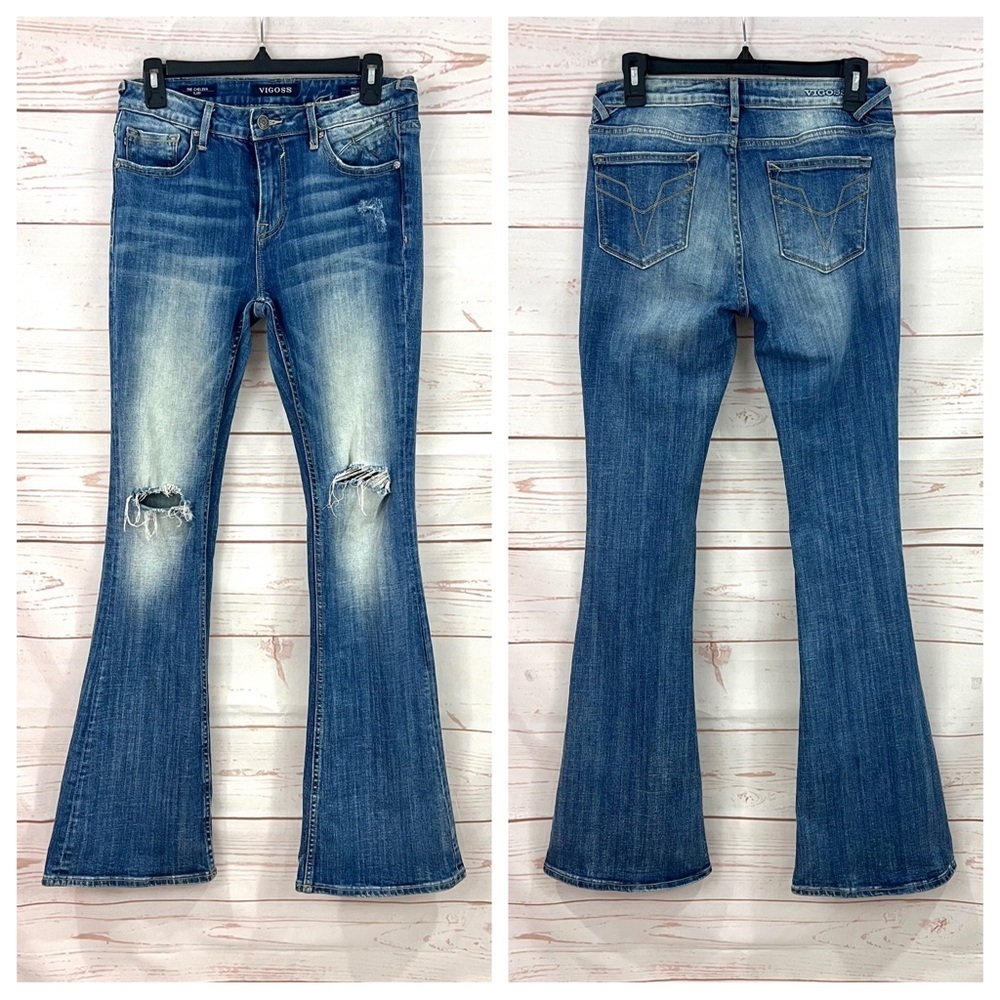 Vintage Y2K Vigoss Boho Distressed Faded Tall Bell Chelsea Wide Leg Flare Jeans
